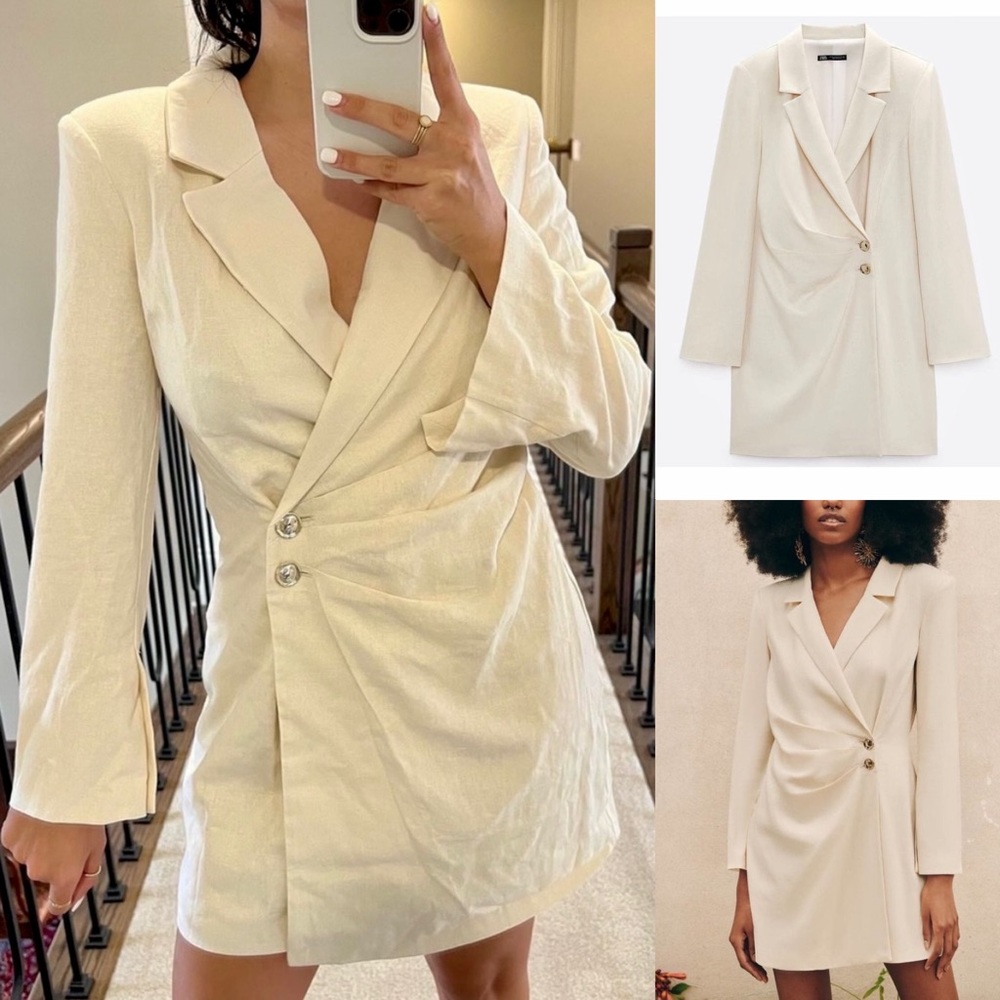 Zara NWOT linen blend cream ivory blazer dress with gold buttons